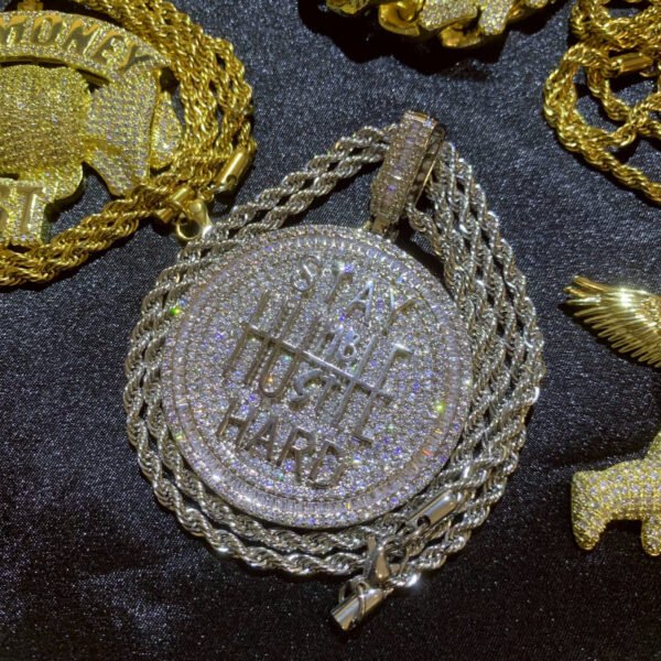 White coin pendant on stainless steel chain, iced out jewelry for men.